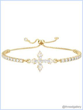 Women's Dainty 18K Gold Plated Cross Bracelet Adjustable Rhinestone